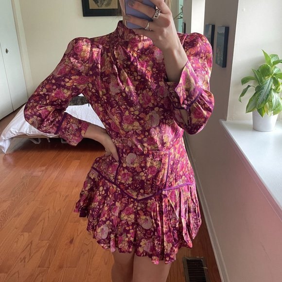 LoveShackFancy Floral High Neck Long Puff Sleeve Mini Dress
